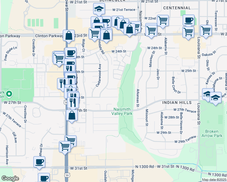 map of restaurants, bars, coffee shops, grocery stores, and more near 1510 West 25th Court in Lawrence