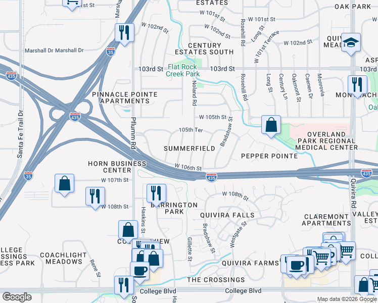map of restaurants, bars, coffee shops, grocery stores, and more near 10571 Noland Road in Lenexa