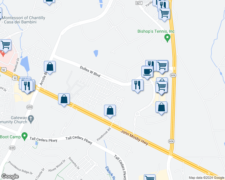 map of restaurants, bars, coffee shops, grocery stores, and more near 42630 Harlow Meadows Terrace in Sterling