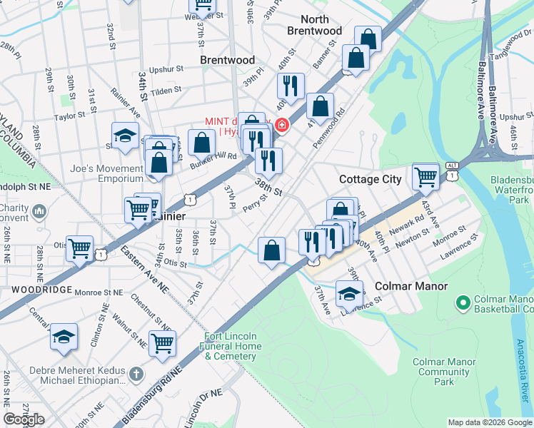 map of restaurants, bars, coffee shops, grocery stores, and more near 101 Independence Avenue Southeast in Washington