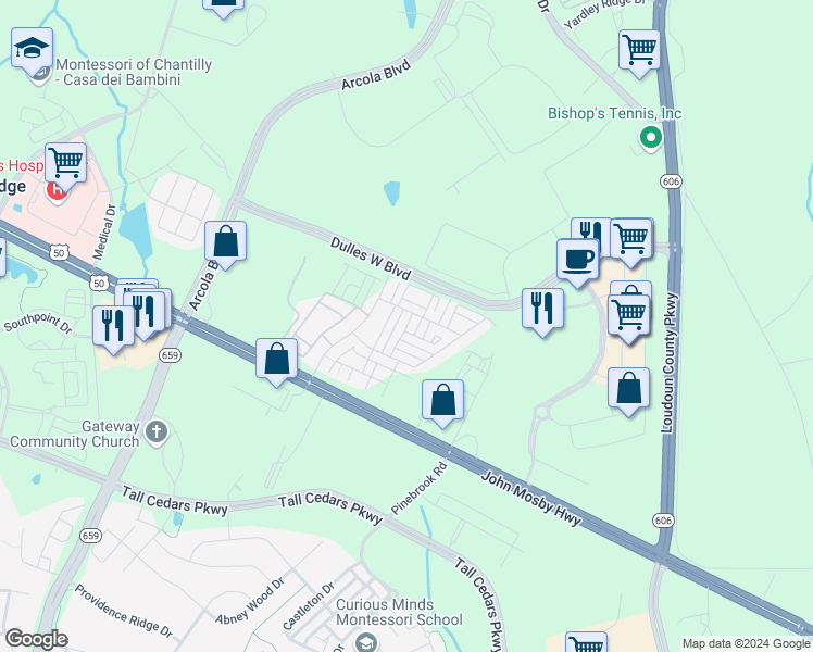 map of restaurants, bars, coffee shops, grocery stores, and more near Laurel Lake Terrace in Sterling