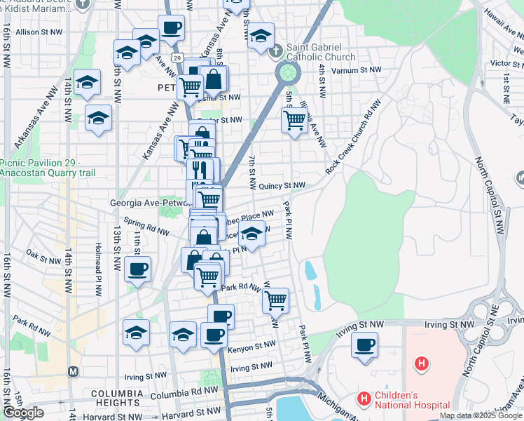 map of restaurants, bars, coffee shops, grocery stores, and more near 641 Quebec Place Northwest in Washington