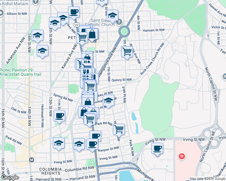 map of restaurants, bars, coffee shops, grocery stores, and more near 641 Quebec Place Northwest in Washington