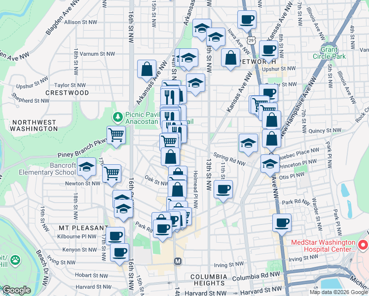 map of restaurants, bars, coffee shops, grocery stores, and more near 101 Independence Avenue Southeast in Washington