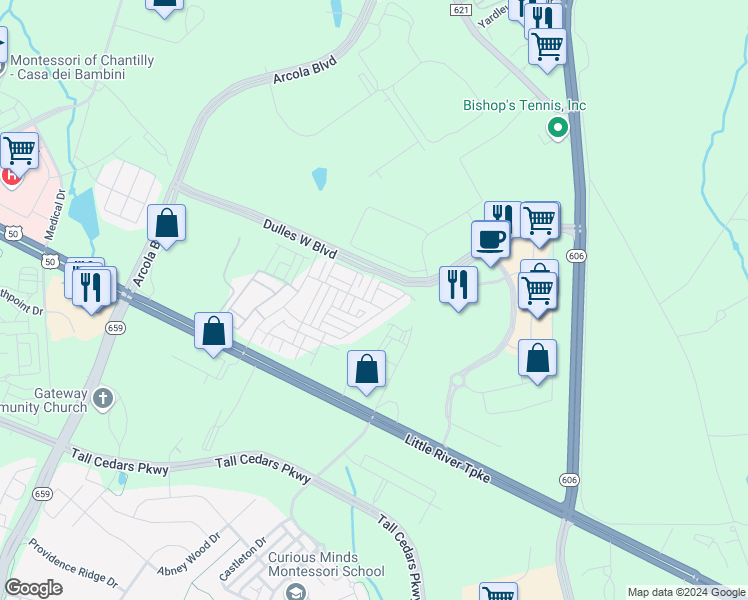 map of restaurants, bars, coffee shops, grocery stores, and more near 42630 Harlow Meadows Terrace in Sterling