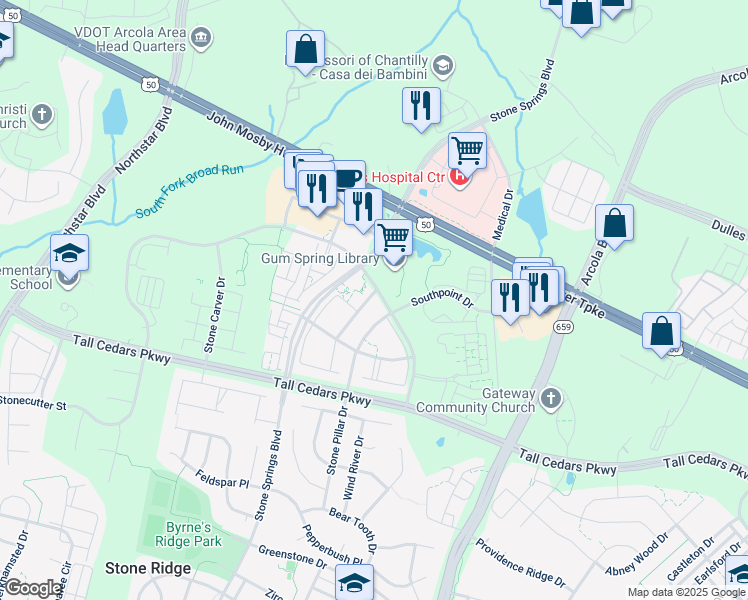 map of restaurants, bars, coffee shops, grocery stores, and more near 24610 Nettle Mill Square in Aldie