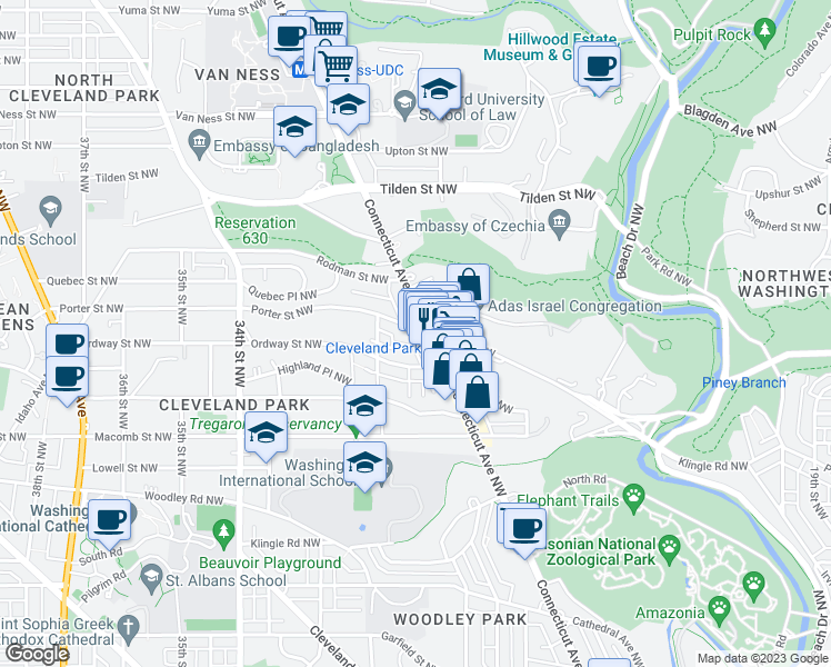 map of restaurants, bars, coffee shops, grocery stores, and more near 2902 Porter Street Northwest in Washington