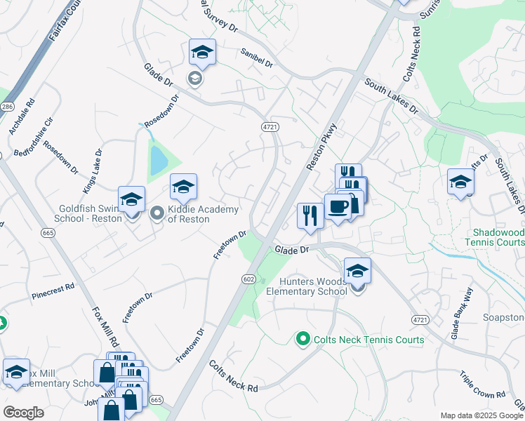 map of restaurants, bars, coffee shops, grocery stores, and more near 2332 Freetown Court in Reston