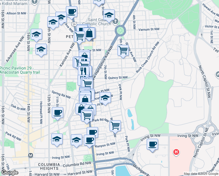 map of restaurants, bars, coffee shops, grocery stores, and more near 641 Quebec Pl NW in Washington
