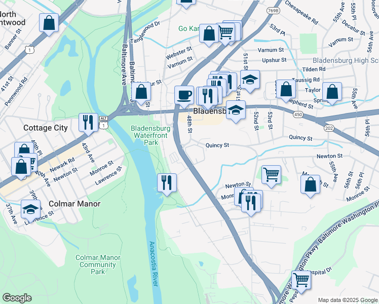 map of restaurants, bars, coffee shops, grocery stores, and more near 3801 Kenilworth Avenue in Bladensburg
