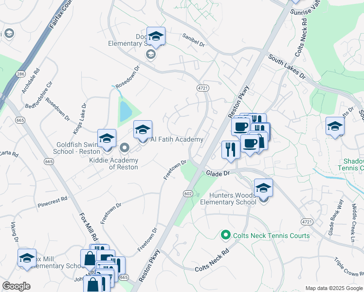 map of restaurants, bars, coffee shops, grocery stores, and more near 2460 Green Range Drive in Reston