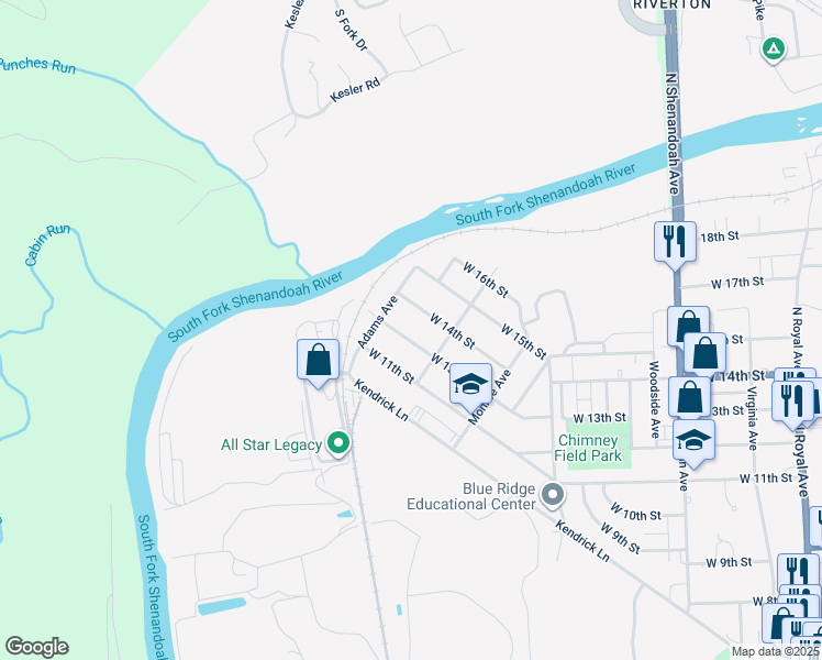 map of restaurants, bars, coffee shops, grocery stores, and more near 823 West 13th Street in Front Royal