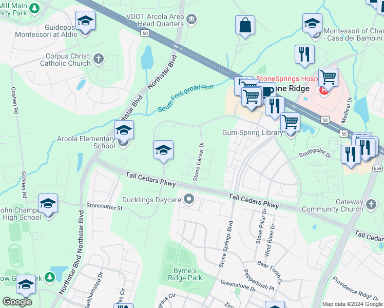 map of restaurants, bars, coffee shops, grocery stores, and more near 24637 Woolly Mammoth Terrace in Aldie