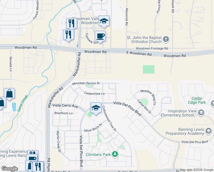 map of restaurants, bars, coffee shops, grocery stores, and more near 7404 Mountain Spruce Drive in Colorado Springs