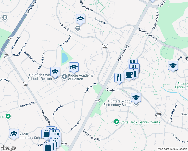 map of restaurants, bars, coffee shops, grocery stores, and more near 2460 Green Range Drive in Reston