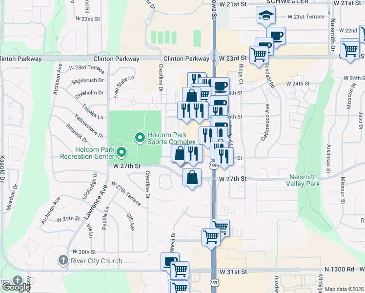 map of restaurants, bars, coffee shops, grocery stores, and more near 2100 West 26th Street in Lawrence