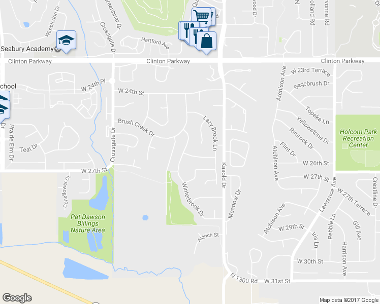 map of restaurants, bars, coffee shops, grocery stores, and more near 2498 Overlook Circle in Lawrence