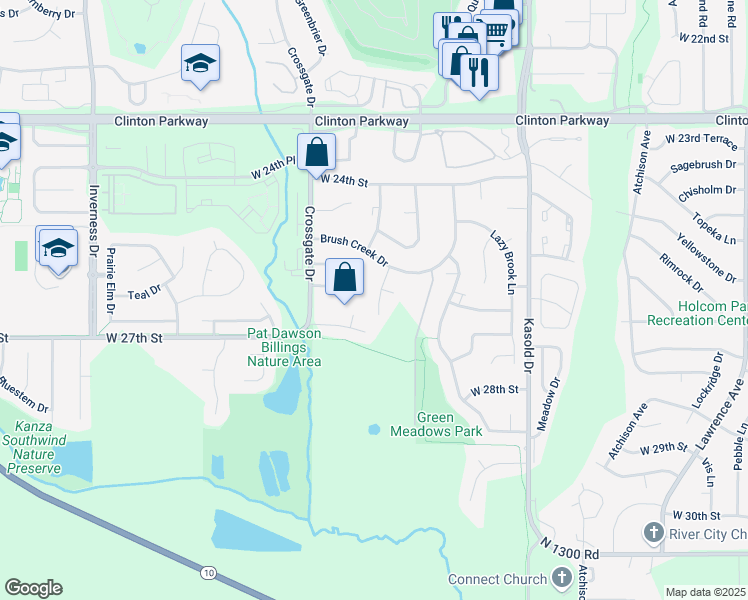 map of restaurants, bars, coffee shops, grocery stores, and more near 2517 Morningside Drive in Lawrence