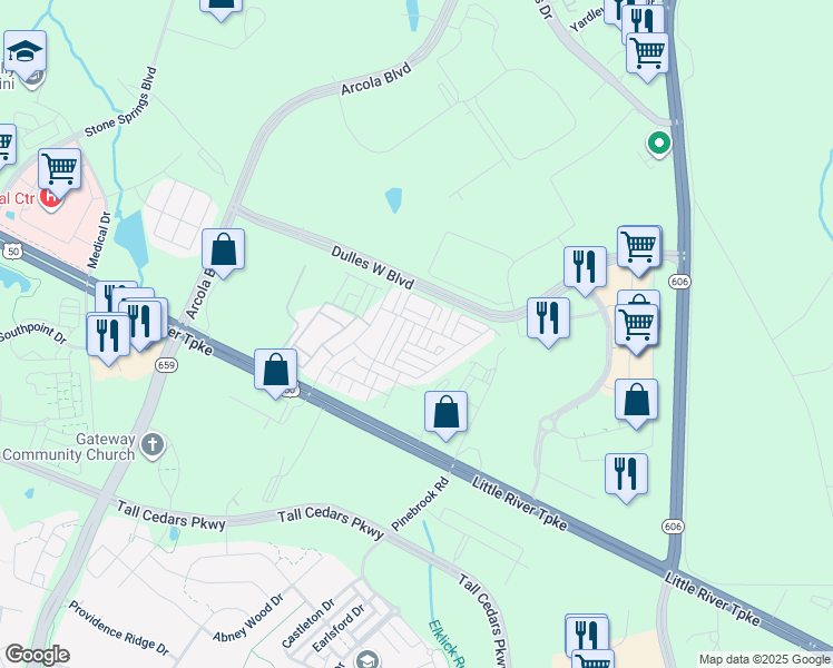 map of restaurants, bars, coffee shops, grocery stores, and more near 24646 Red Lake Terrace in Sterling