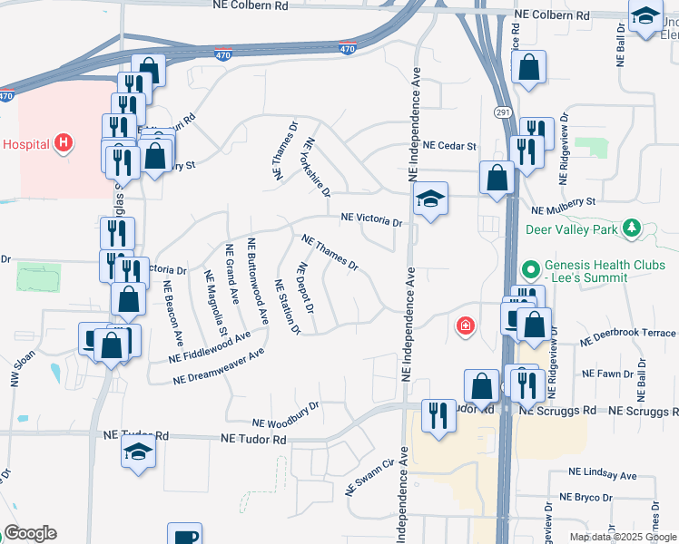 map of restaurants, bars, coffee shops, grocery stores, and more near 1327 Northeast Florence Avenue in Lee's Summit