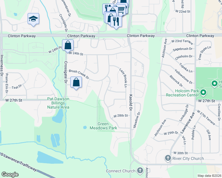 map of restaurants, bars, coffee shops, grocery stores, and more near 2498 Overlook Circle in Lawrence