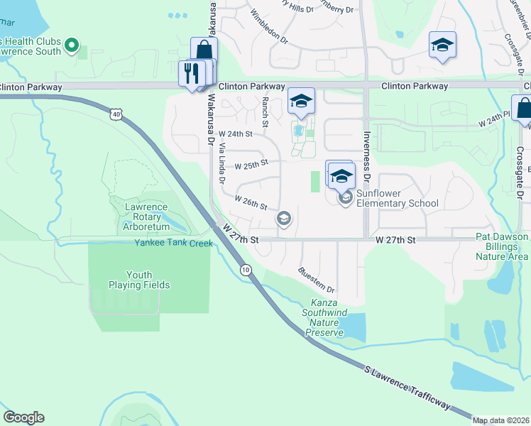 map of restaurants, bars, coffee shops, grocery stores, and more near 4708 West 26th Street in Lawrence