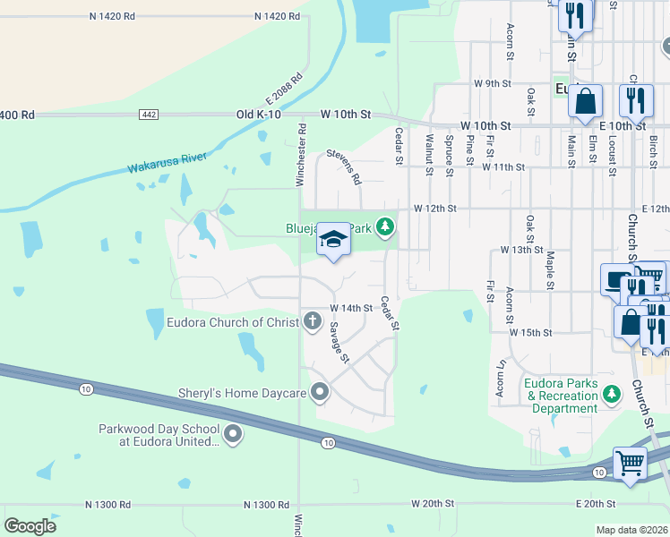 map of restaurants, bars, coffee shops, grocery stores, and more near 1310 Winchester Road in Eudora