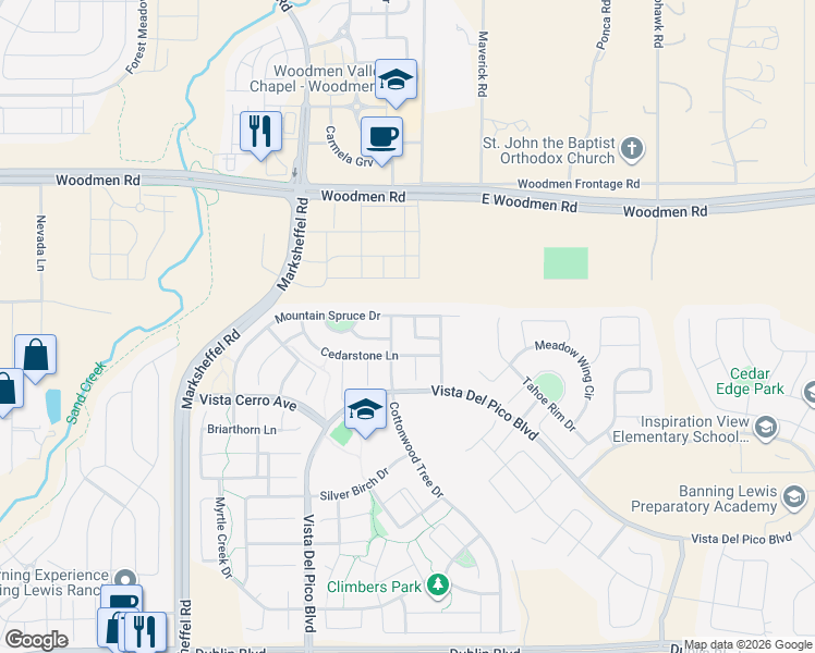 map of restaurants, bars, coffee shops, grocery stores, and more near 7404 Mountain Spruce Drive in Colorado Springs