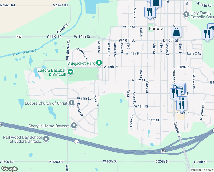 map of restaurants, bars, coffee shops, grocery stores, and more near 1303 Walnut Street in Eudora