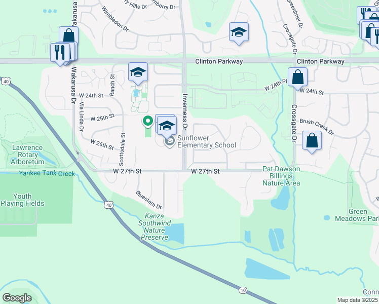 map of restaurants, bars, coffee shops, grocery stores, and more near 3853-3899 Inverness Drive in Lawrence