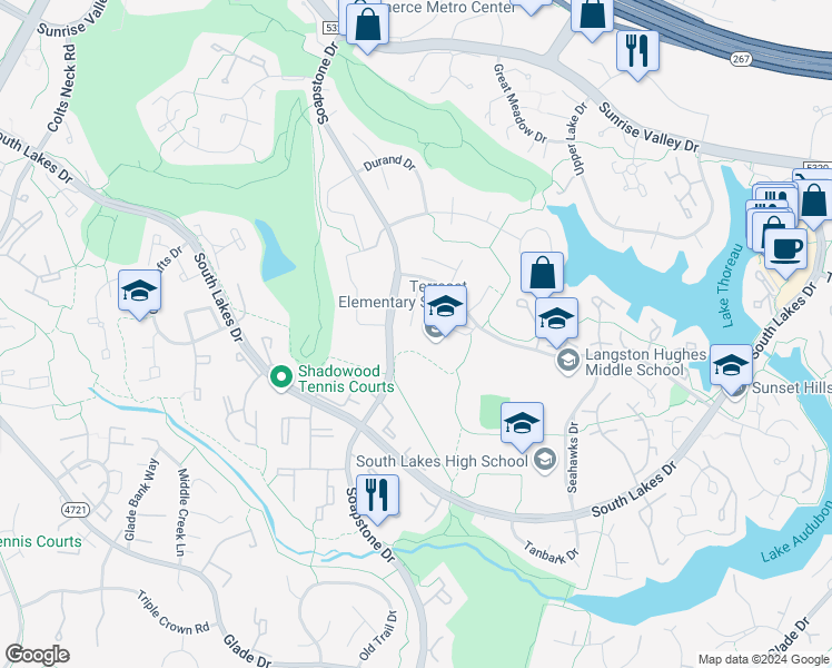 map of restaurants, bars, coffee shops, grocery stores, and more near 2113 Lirio Court in Reston