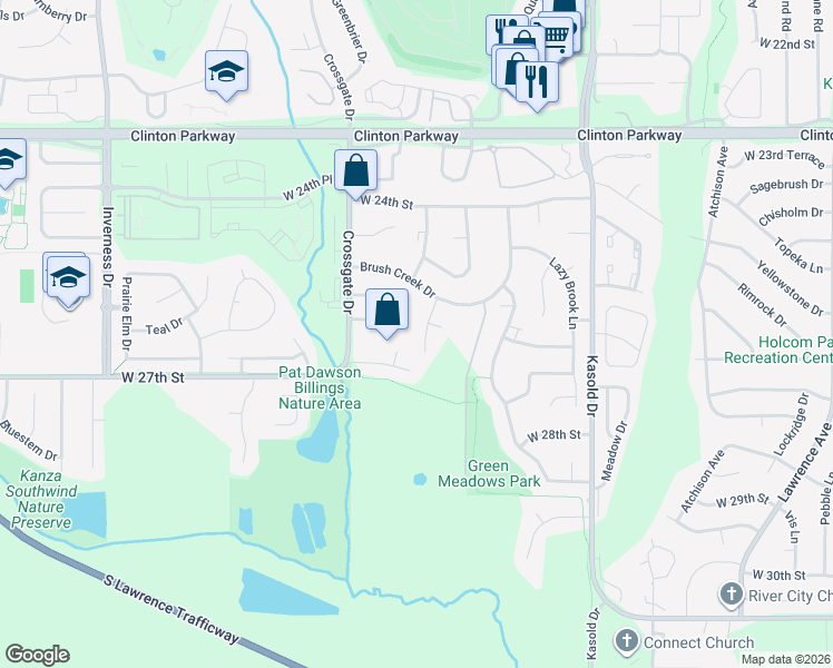 map of restaurants, bars, coffee shops, grocery stores, and more near 2523 Morningside Drive in Lawrence