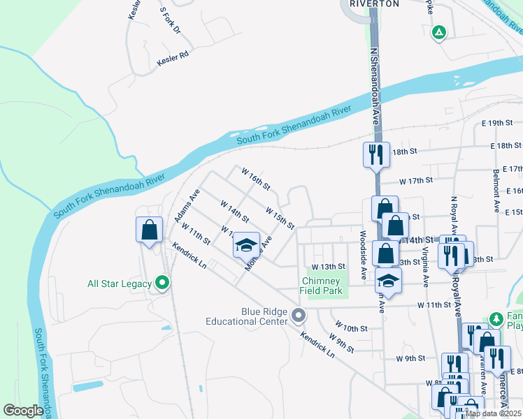 map of restaurants, bars, coffee shops, grocery stores, and more near 726 West 15th Street in Front Royal