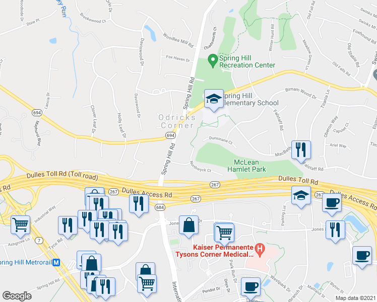map of restaurants, bars, coffee shops, grocery stores, and more near 1354 Northwyck Court in McLean