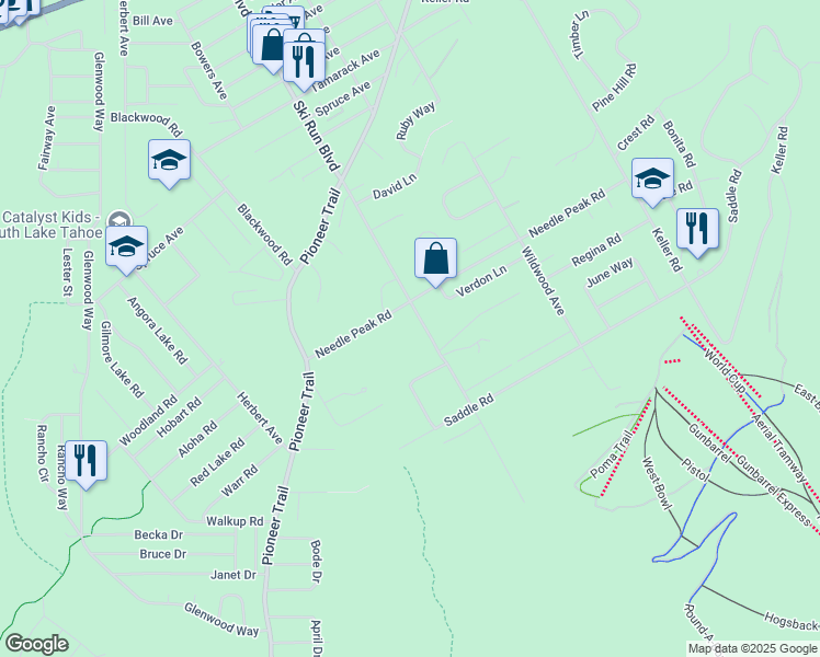 map of restaurants, bars, coffee shops, grocery stores, and more near 1390 Ski Run Boulevard in South Lake Tahoe