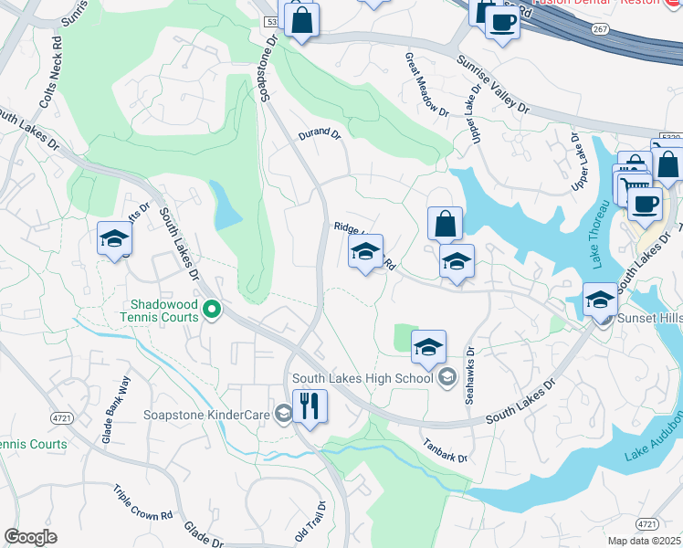 map of restaurants, bars, coffee shops, grocery stores, and more near 2113 Lirio Court in Reston