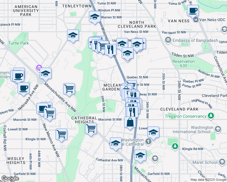 map of restaurants, bars, coffee shops, grocery stores, and more near 3840 Porter Street Northwest in Washington