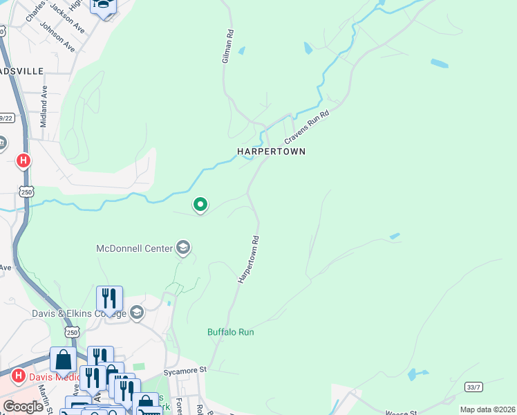 map of restaurants, bars, coffee shops, grocery stores, and more near 344 Harpertown Road in Elkins