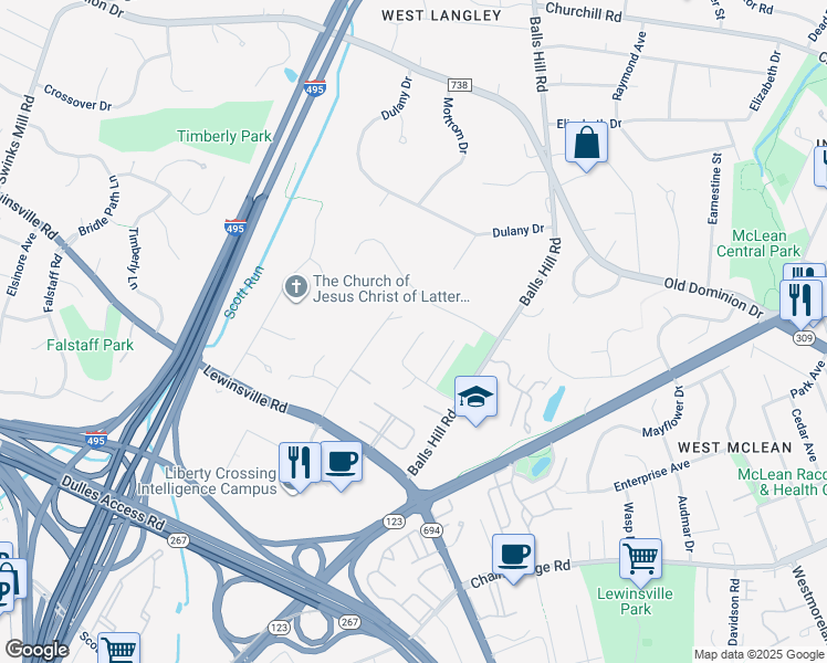map of restaurants, bars, coffee shops, grocery stores, and more near 7325 Yates Court in McLean