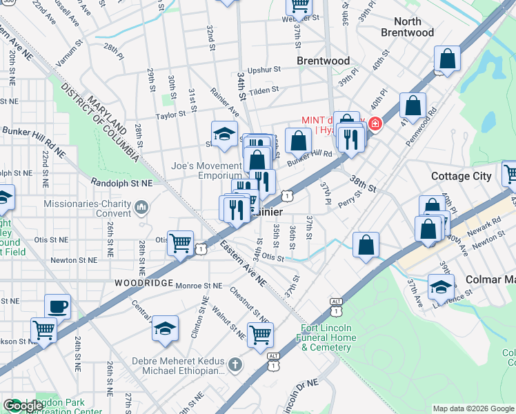 map of restaurants, bars, coffee shops, grocery stores, and more near 101 Independence Avenue Southeast in Washington