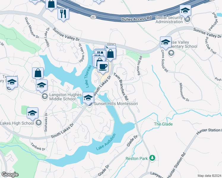 map of restaurants, bars, coffee shops, grocery stores, and more near 2020 Beacon Heights Drive in Reston