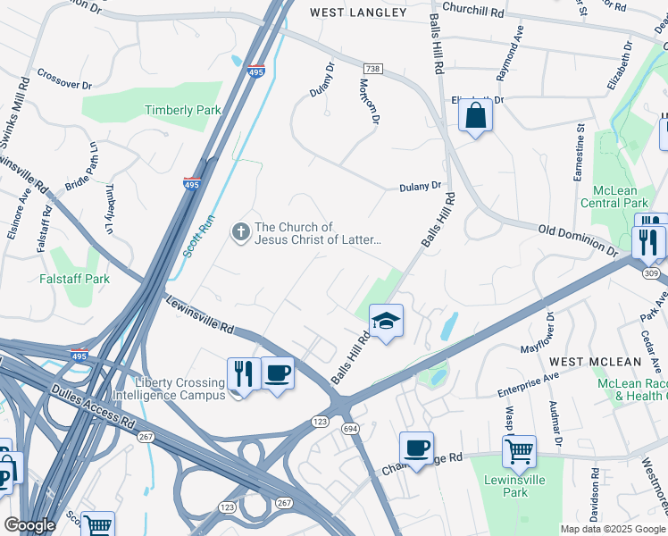 map of restaurants, bars, coffee shops, grocery stores, and more near 7325 Yates Court in McLean
