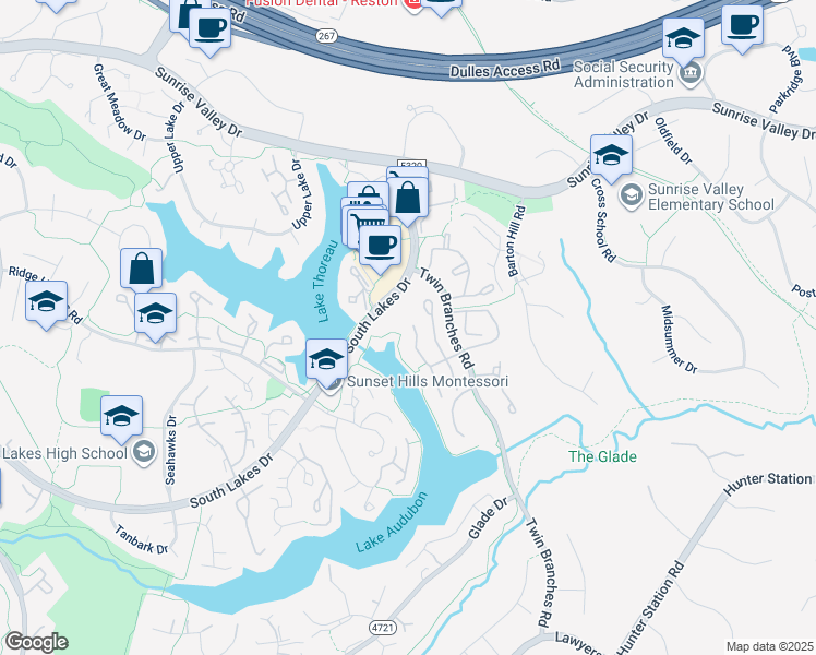 map of restaurants, bars, coffee shops, grocery stores, and more near 2020 Beacon Heights Drive in Reston