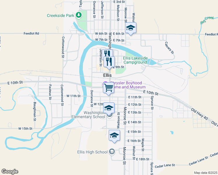 map of restaurants, bars, coffee shops, grocery stores, and more near 104 West 10th Street in Ellis