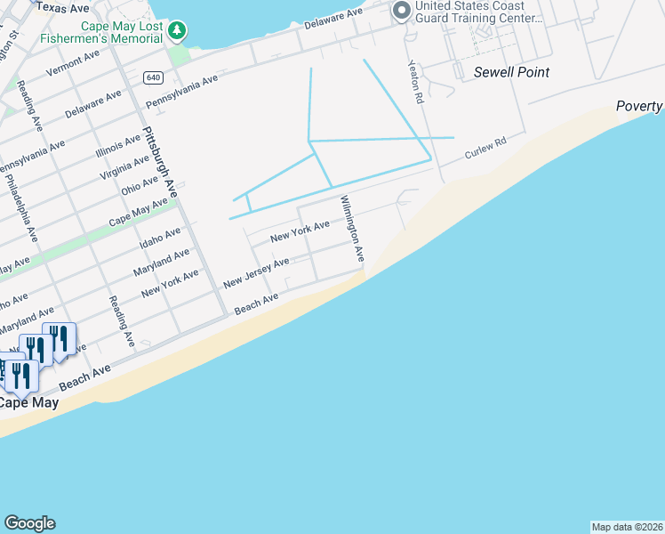 map of restaurants, bars, coffee shops, grocery stores, and more near 1604 New Jersey Avenue in Cape May