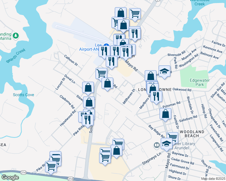 map of restaurants, bars, coffee shops, grocery stores, and more near 3522 Dental Court in Edgewater