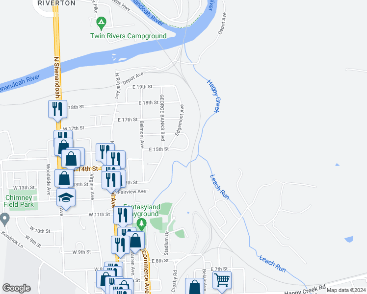 map of restaurants, bars, coffee shops, grocery stores, and more near 10 Crestview Drive in Front Royal