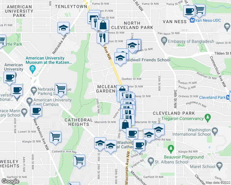 map of restaurants, bars, coffee shops, grocery stores, and more near 38th St NW & Porter St NW in Washington
