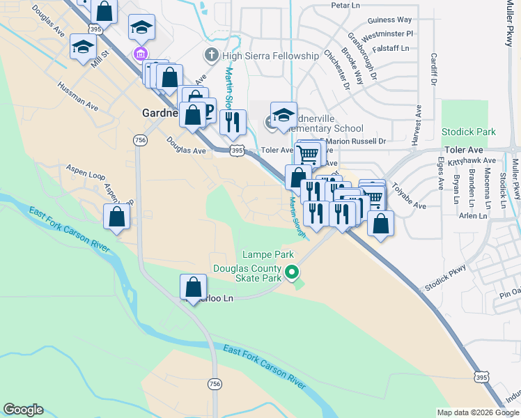 map of restaurants, bars, coffee shops, grocery stores, and more near 1375 Queens Court in Gardnerville