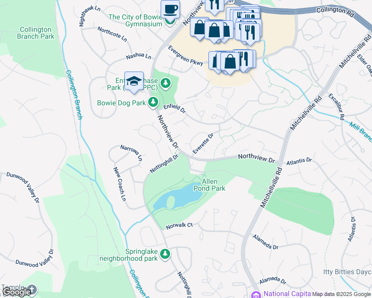 map of restaurants, bars, coffee shops, grocery stores, and more near 15305 Echols Court in Bowie